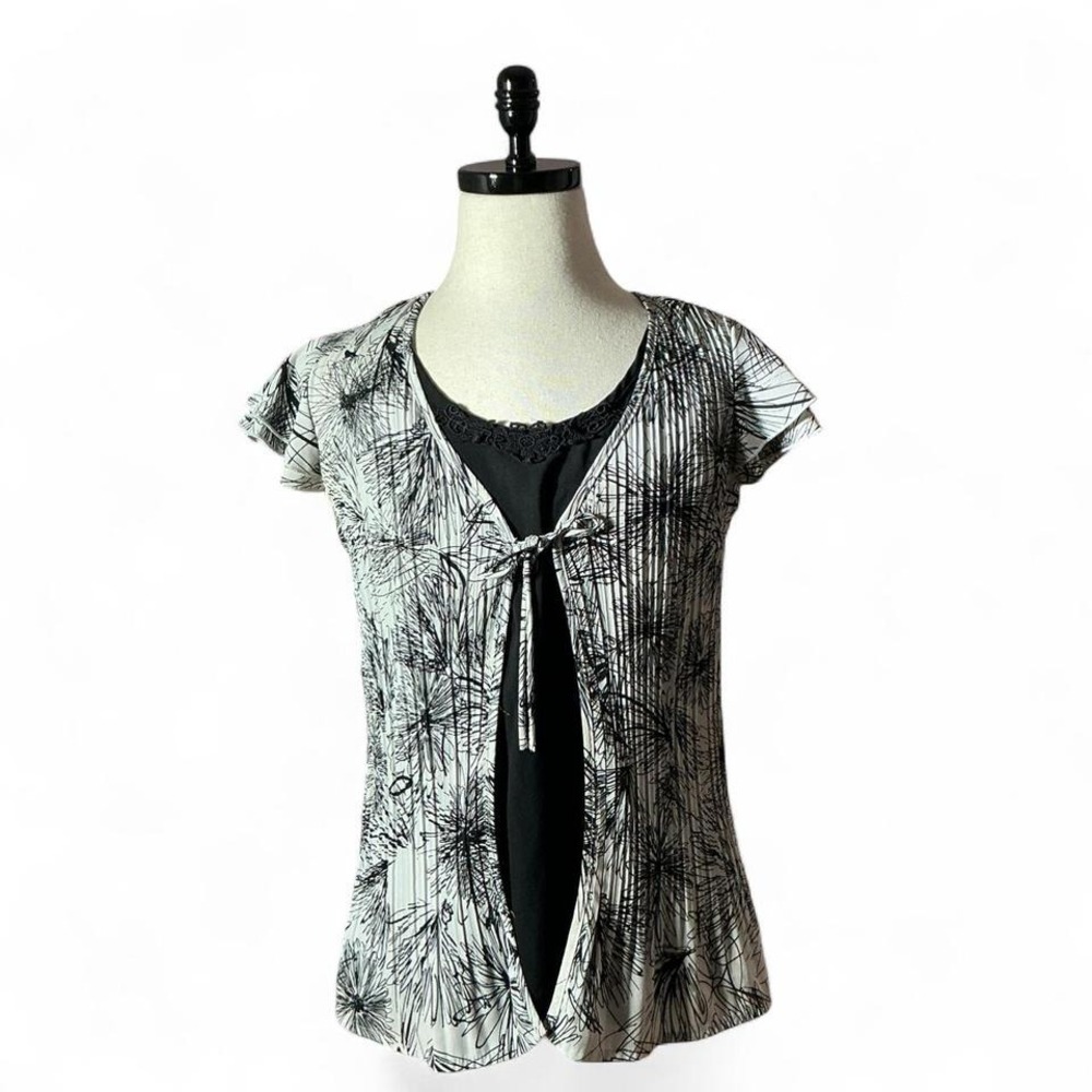 Fred Davia Y2K Black‎ White Graphic Pleated Kimono Top Women S C Stretch